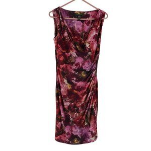 Ralph Lauren Dress Floral Rose Sz 10 Womens Red Ruched Knee Length Sleeveless